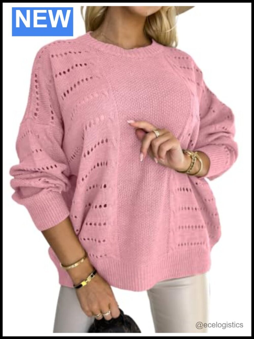 Casual Long Sleeve Crochet Knit Pullover Sweater Crew Neck Hollow Out Design